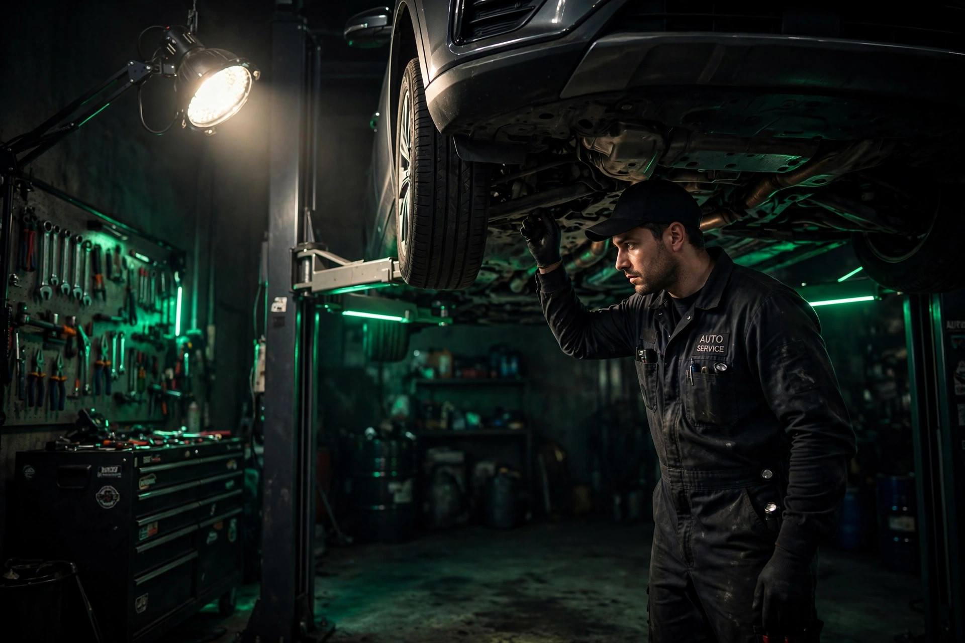 Mechanic inspecting a car raised on a lift in a repair shop