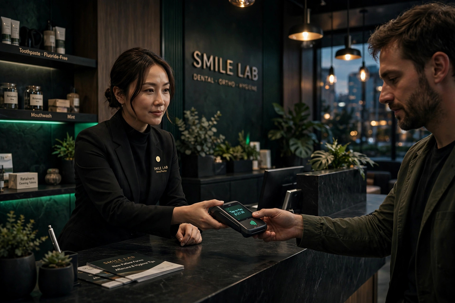 Patient paying at a dental practice front desk