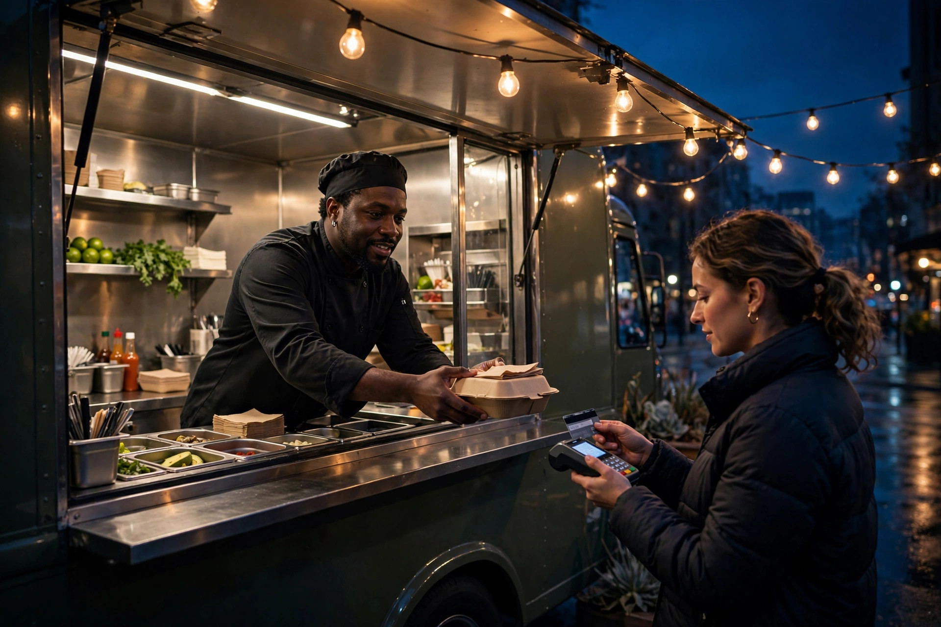 Food truck serving customers at night