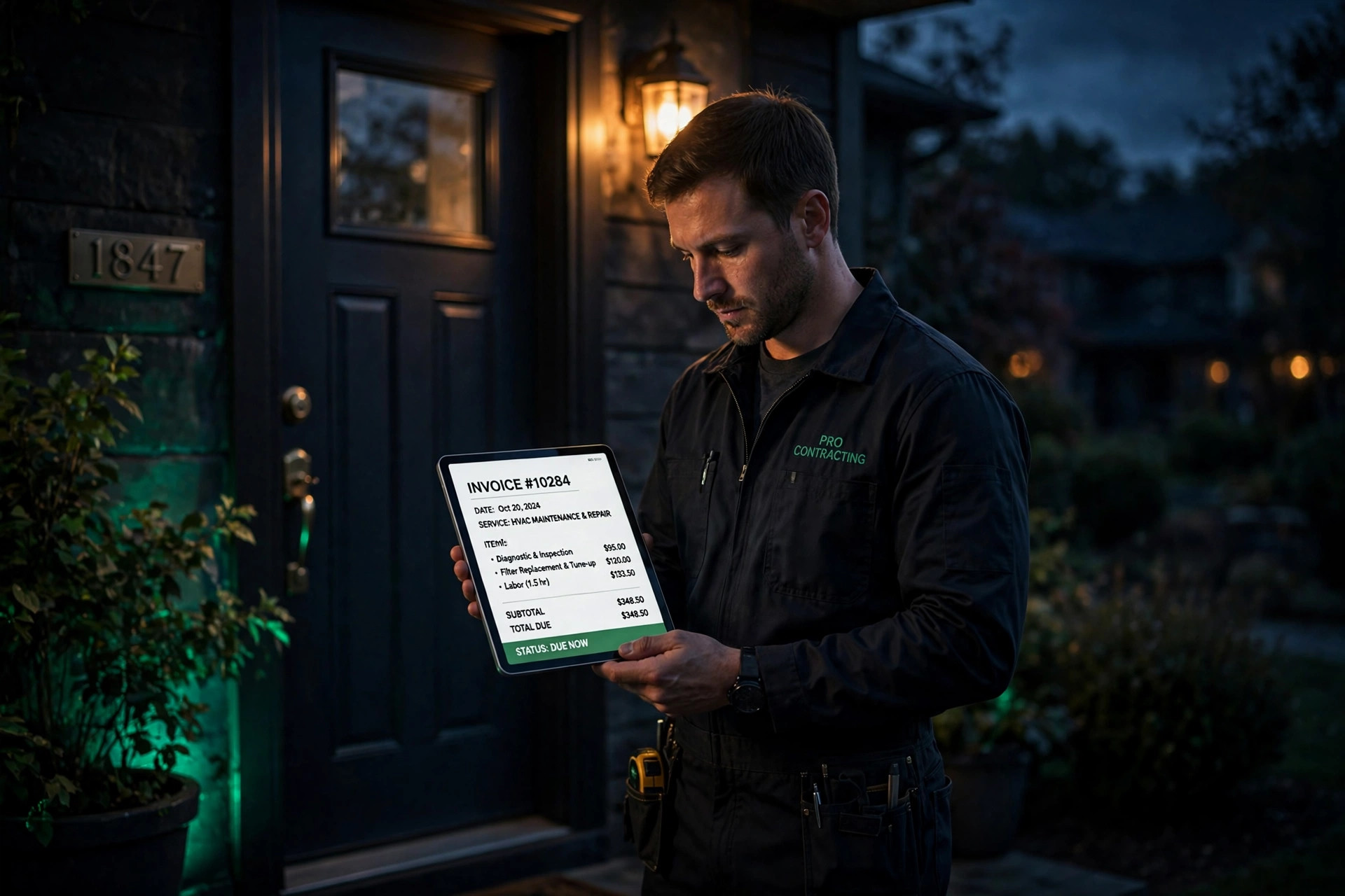 Home services professional with an invoice on a tablet at a customer's front door