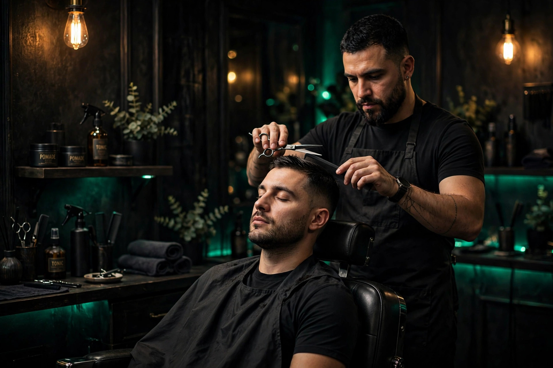 Barber cutting a client's hair in a moody barbershop